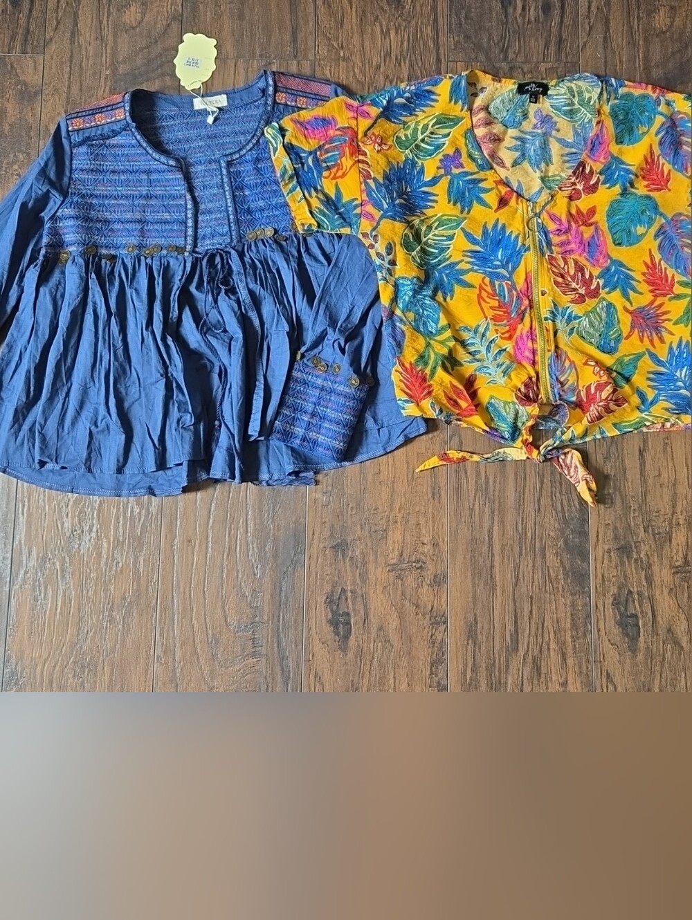 Blue Embroidered Open Peplum Top + Milk & Honey Yellow Tropical Tie-Front Shirt
